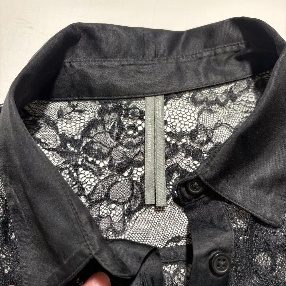 Anthropologie Black Lace Button Front Bodysuit Satin Trim Long Sleeve S - Picture 5 of 7